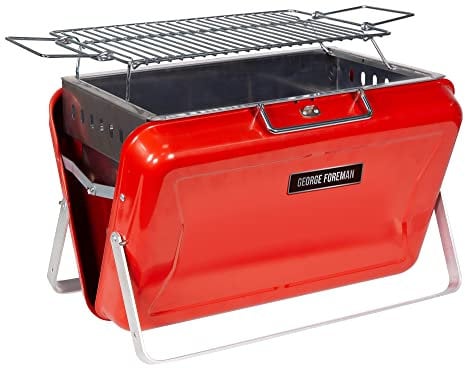 George Foreman Portable Charcoal BBQ, On-The-Go Toolbox, Portable, Sturdy Foldable Legs, Convenient Handle, Lightweight, Camping, Red, Charcoal Barbecue, GFPTBBQ1005R