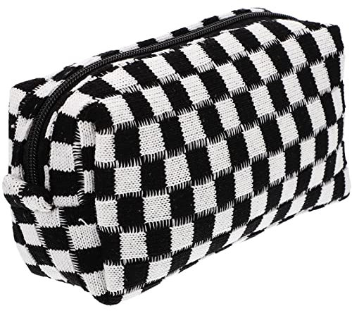 CALLARON Makeup Tasche Kariert Kariertes Federmäppchen Karierte Schminktasche Kariert Gestrickter Stift Federmäppchen Tragbar Kosmetikbehälter für Schwarz Süße Schminktasche Make Up Bag Fluffy