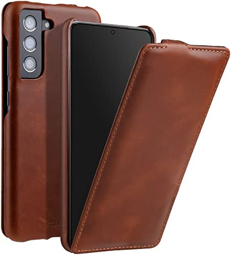 STILGUT Etui Compatible avec Samsung Galaxy S21 FE 5G Coque à Rabat Vertical et Fermeture à Clip en Cuir véritable, Cognac