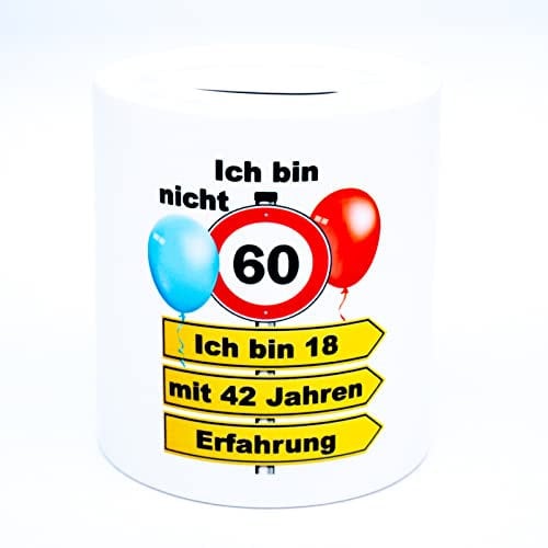 Ich bin nicht 60 bin 18 mit 42 Jahren Erfahrung Geldgeschenk lustig Spardose Sparschwein Sparbüchse Sparkasse Spaß Geld Geschenk Verpackung zum Geburtstag Geburtstagsgeschenk für Mann Frau Geschenkbox
