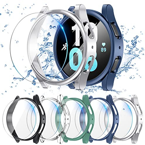 Neitra[5+5Stück Samsung Galaxy Watch 5 2022 & Watch4 2021 Schutzhülle + Displayschutzfolie 44mm Hülle, 5 Kratzfest Schutzfolie und 5 Hart PC Bumper Case Ultradünne Stoßfänge Gehäuse Cover