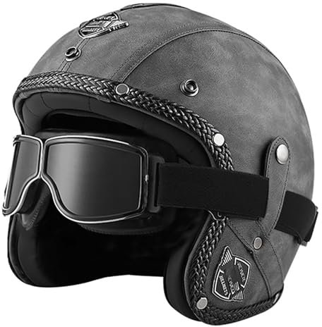 Casco vintage retrò Scooter Casco jet ciclomotore Casco mezzo casco in pelle 3/4 con visiera Casco aperto per uomo e donna Certificazione DOT ECE (D, M=(57~58cm))