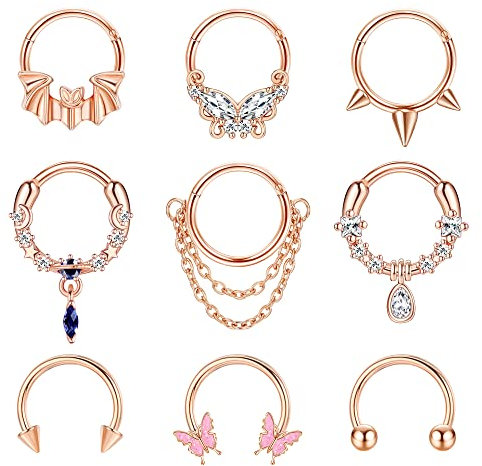 Kakonia 9Pcs 16G Anneaux de Septum pour Femmes en Acier Inoxydable 316L Bijoux de Septum Biling Cz/Bat/Butterfly Dangle Septum Piercing Tragus Helix Earrings Daith Piercing Bijoux 8mm