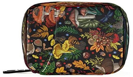 Weekly Portable Zipper Pill Case Bag 7 Days Pill Container Medicine and Supplement Holder Vitamin Organizer Travel Pill Box Seamless Pattern Mushrooms Plants Insects