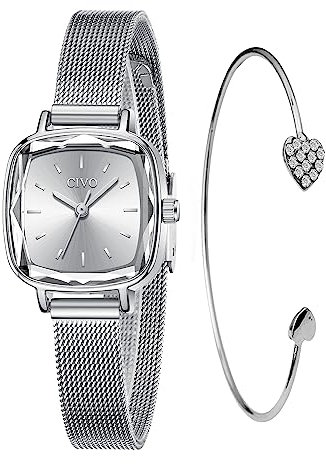 CIVO Montres Femme Set Montres Acier Inoxydable Bracelet Montres Femmes Analogique Quartz Montres Femmes Argent Etanche Carré Luxe Mode Entreprise Élégant Adolescent