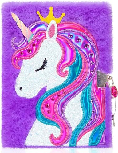 powerking Diary for Girls, Unicorn Journal Notebook and School Notebook with Lock for Kids and Children (Purple)