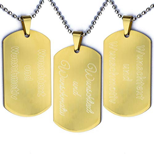 absenda Beidseitige Wunschgravur Dog Tag Halskette | Anhänger aus Edelstahl im Satinsäckchen | Zwei Seiten 2 Personalisiert Text | Army Militär Erkennungsmarke | Kugelkette | Silber Schwarz Gold Gold