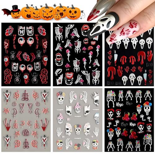 6 Blatt Halloween Nagelsticker, 5D Stereoskopisch Selbstklebend Nagel Aufkleber mit Web Kürbis Fledermaus Schädel Spinne, DIY Maniküre Dekor Sticker für Halloween (Rot)
