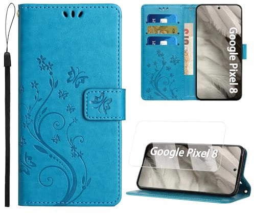 ANSHOW for Google Pixel 8 Wallet Case with Screen Protector, with Wrist Strap, Flip Leather Case with Cards Holder Phone Case with Kickstand Cover for Google Pixel 8, Blue