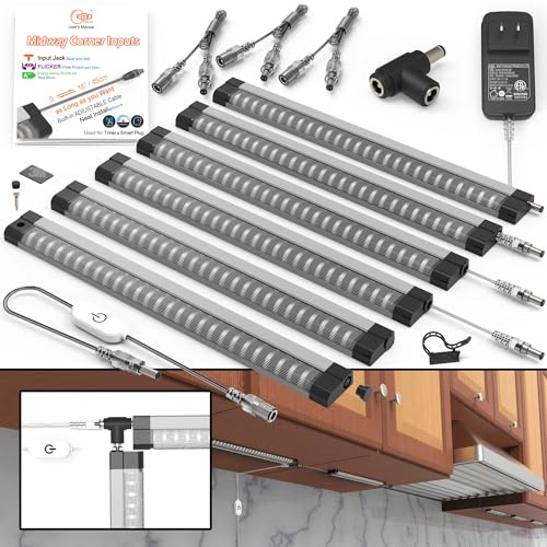 EBD LED-Unterschrank-Lichter, integriertes verstellbares Kabel, 6 Stück, mittlere Eingangsbeleuchtung unter der Theke, für Küchenspüle, 6500 K, 2700 lm, super hell für Regale, Regale, Schränke und