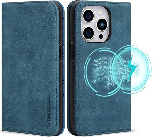 VISOUL Hülle für iPhone 15 Pro Max, Schutzhülle Echt Leder Schützt vor Stoß Kartenfach Magnetverschluss Stand klappbar handyhülle Handytasche Etui Case Blau