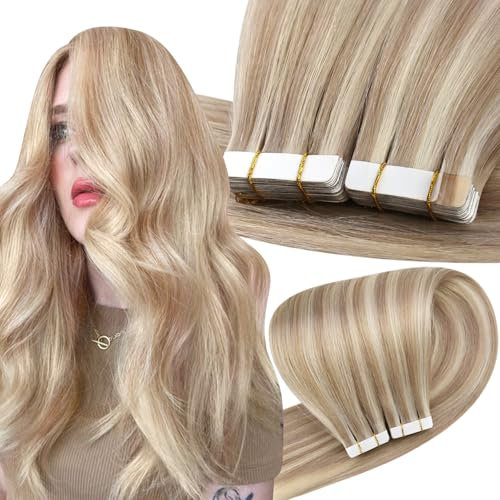 Easyouth Blond Tape Extensions Echthaar Tape in Haarverlangerung Naturlich Tape in Echthaar Extensions Aschblond Highlighted Gelbblond 18/613 30 cm 30g