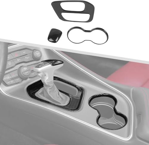 Jimen Compatible with Dodge Challenger 2015-2023, 3PCS Shifter Knob & Gear Shift Panel & Front Cup Holder Cover Trim (Carbon Fiber)