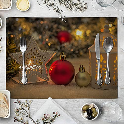 Lieson Tischset Abwaschbar, Platzset Baumwolle Leinen 4er Set Weihnachtskugel Stern Kerze rutschfest Hitzebeständig Tischsets für Zuhause Restaurant Speisetisch 32x42CM Beige Rot