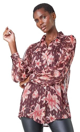 Roman Originals Shirt for Women Ladies Cotton Blouse Button Through Tunic Printed Top Work Long Sleeve Smart Casual Going Out Work Office V Neck Everyday Evening Event - Wine & Pink - Size 10