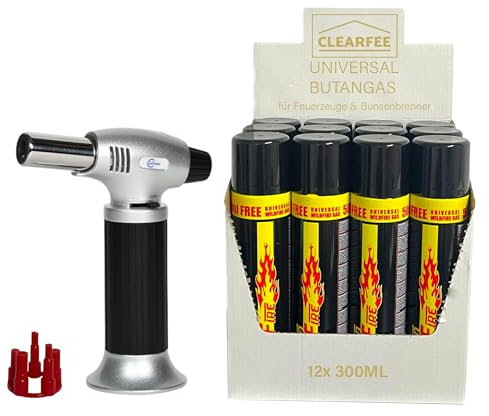 Clearfee Butan Flambierbrenner | inkl. 12x je 300ml Butan Nachfüllgas | 1300°C max. Temperatur, 0.28KW stark | Lötlampe, Küchenbrenner, Bunsenbrenner für Küche, Camping & Werkstatt Brenner