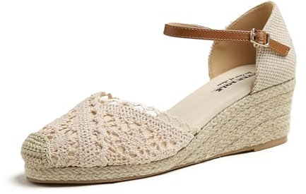 Feversole Womens Wedge Sandals,Alpargatas de Yute con Cuña y Piso de Cuerda Natural con Hebilla Al Tobillo Cuña Beige Punto Crochet Yute 40