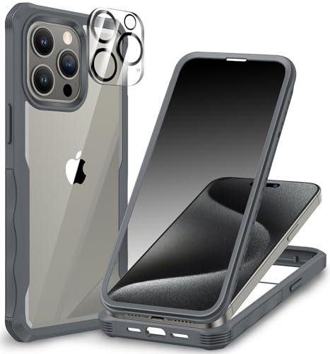 CENHUFO Compatible with iPhone 15 Pro Case Built-in Privacy Screen Protector with Camera Lens Protector, 360 Full Body Privacy Case for iPhone 15 Pro with Anti Spy Screen -Gray