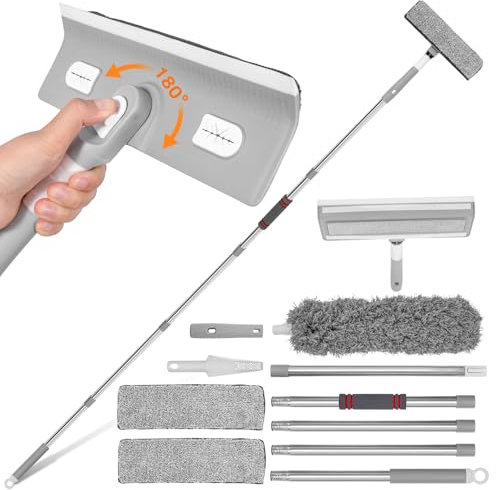 iulrtba Limpiacristales con Mango Extensible(210cm), 3 en 1 Juego Limpiacristales, Limpiacristales Telescópico con Cabezal Giratorio 180° & 2 Almohadillas de Microfibra, Plumero, Cepillo de Limpieza