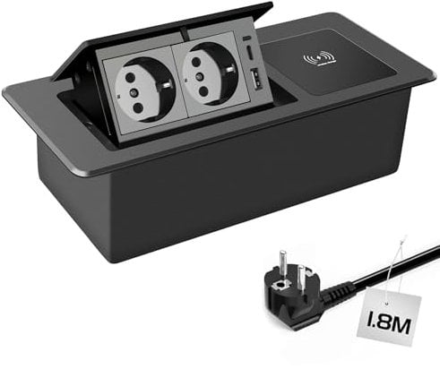 JACEPFY Versenkbare Steckdose 2-Fach Einbausteckdose PD20W Schnelllade USB C Tischsteckdose mit 15W Kabellosem Ladegerät für Arbeitsplatte, Schreibtisch