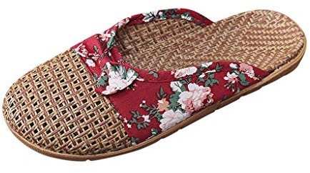 Lazzboy Damen Hausschuhe Leinen Slipper Casual On Slip Indoor Slides Schuhe Knoten Atmungsaktiv Mesh Sommer Hohl Latschen Badeschuhe Strand Slippers Flach Sohle Pantoffeln (Rot,37)