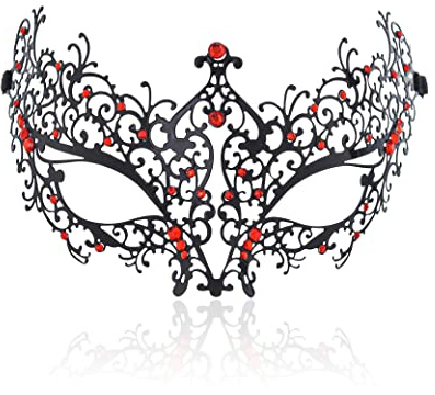 Flayem Schwarz Venezianischer Masquerade Maske Damen Rot Bohrinsel Metall Party Kostüme Mardi Gras Fantastisch Anhang