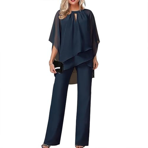 Suncadmious Completi da 2 Pezzi da Donna Abiti Eleganti per Un Matrimonio Set di Pantaloni a Gamba Larga in Chiffon Irregolare Formale per la Festa Serale (Blu,XXL)