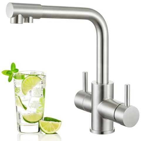 Aktines 4 Wege Küchenarmatur, Doppelhebel Armatur Wasserhahn Küche mit Trinkwasser und Sodawasser Spültischarmatur Spülenarmatur Küche für Wasserfilter und Sprudler Edelstahl, gebürstet