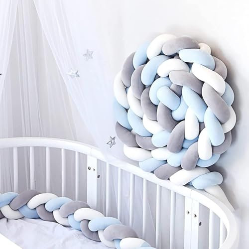 Bettschlange Geflochten, Seitenschläferkissen, Babybett Superweich Knotenkissen, Geflochten Bettschlange Nestchen, Bettrolle Zierkissen Bettumrandung, Deko Kissen,Weiß+Blau+Grau,4m