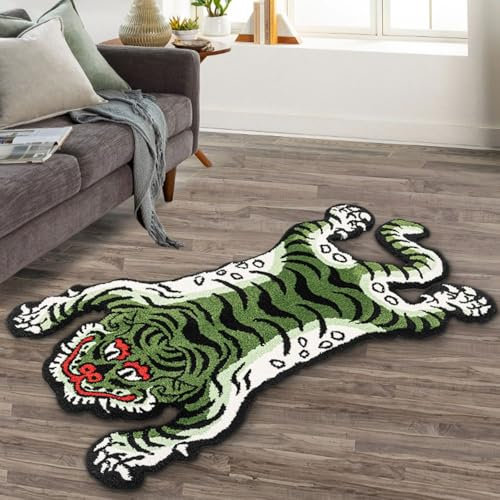 Tibetischer Tiger, getufteter Teppich für Wohnzimmer, weich, lustig, für Schlafzimmer, ästhetisch, waschbar, mit rutschfester TPR-Unterseite, Heimdekoration, 1,5 x 0,9 m