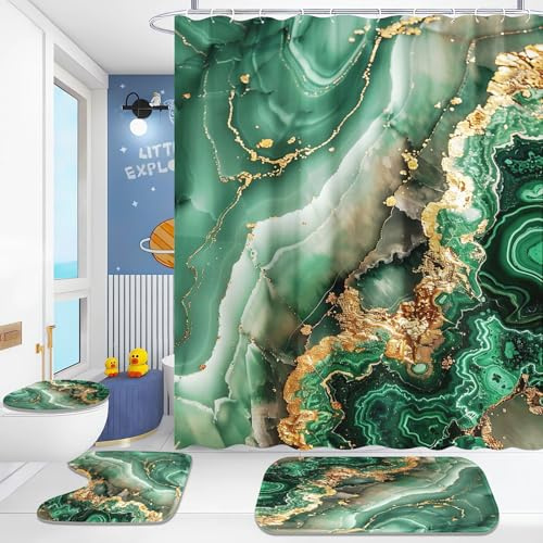 Fadaing Marmor Duschvorhänge Set Schwarz Gold Grün Muster Dusche Vorhang Set Mit Teppichen 4-teiliges, Marmor Duschvorhang MarmorShower Curtains Wasserdichter (4,180×180cm)