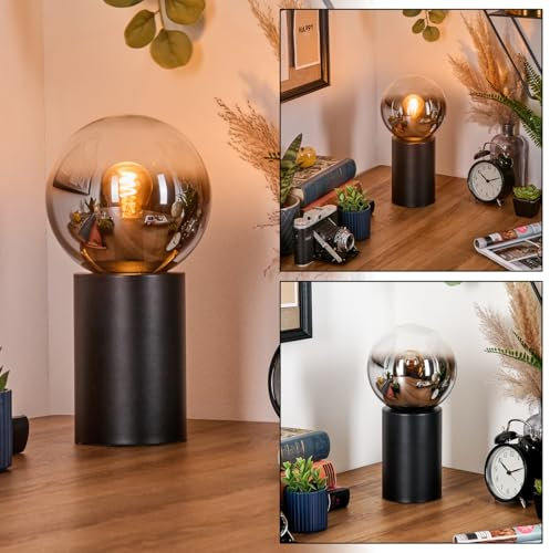 HOFSTEIN Tischleuchte Gastor, Tischlampe aus Metall/Glas in Schwarz/Chrom/Rauch/Klar, Leuchte im Retro/Vintage-Design mit Glasschirm (Ø 15cm), E14, Wohnzimmer, Schlafzimmer, Flur, Büro, Kinderzimmer