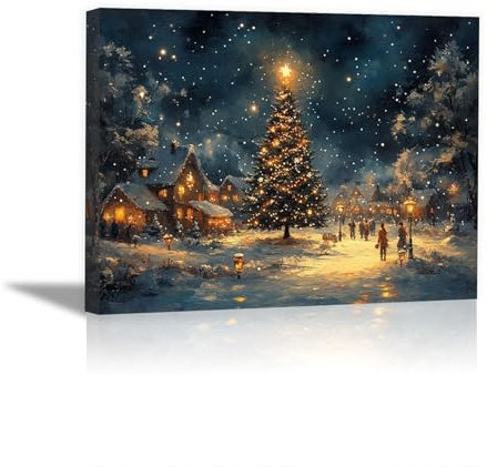 SHYAMIC Blau, gelb Weihnachten Leinwandbild Kunstdruck, Glitzer Weihnachtsbaum Winter Bild,Wohnzimmer Schlafzimmer Weihnachten Bilder,Deko Wandposter-80x120cm Gerahmt