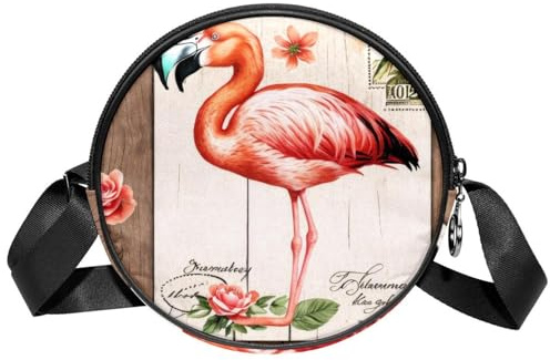 Eslifey Crossbody-Tasche für Damen, Vintage, Flamingo, Rose, Blume, rund, modisch, Kreis, Umhängetasche, Clutch, Handtasche, mehrfarbig, 7x1.8 in