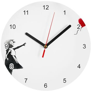 Fabulous Banksy Wanduhr aus Glas – Mädchen Ballon rot Herz Kinder – Durchmesser 20 cm – Weiß