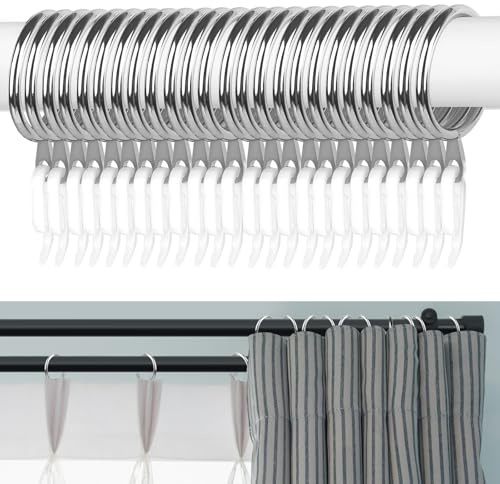 Curtain Rings, 24pcs Metal Curtain Ring with 24pcs Hooks, Drape Sliding Hanging for Pole Rod, 30 mm Internal Diameter (SILVER)