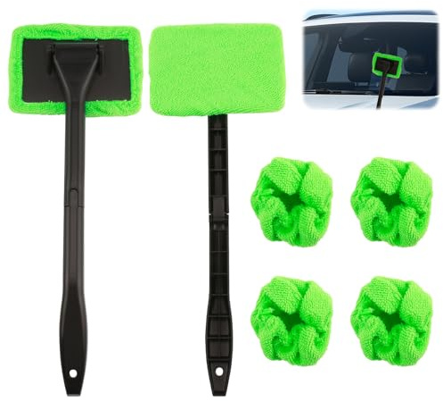 Tiryns 2PCS Car Windscreen Cleaner Brush, Car Window windshield Cleaning and Defogging Brush with 6 Reusable Microfiber Pads Glass Wiper Cleaning Tool Demister Cloth