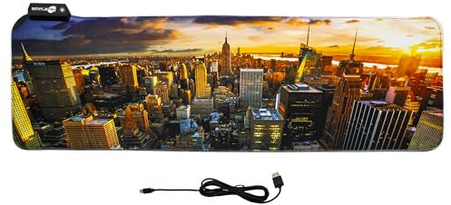 SIMPLETEK - Tappetino per Mouse e Tastiera con LED RGB Integrato 800 x 300 x 4 mm con Skyline di New York Scrivania PC | Cavo USB Incluso per LED + Porta USB Femmina