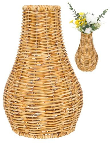 Jarrón de Rattan Boho, jarrón de Flores de Mimbre tejedor Vintage para Hierba de Pampas, Soporte de Plantas de Estilo Boho artístico de 10 Pulgadas para el Centro de Mesa de la Mesa casera