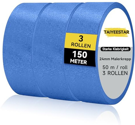 Taiyeestar 3 Rollen Malerkrepp, Klebeband, Profi-Kreppband für Malerband, Abdeckband Malertape Klebeband Washi Tape Papiertape Selbstklebend (24 mm x 50 m)