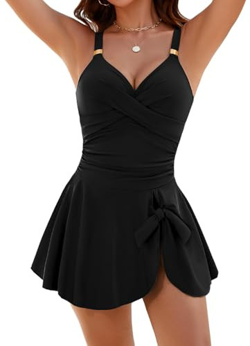Nadeer Women's One Piece Swimsuit Tummy Control Bathing Suit Gold Metal Tie Knot Swimdress Elegant V Neck Swimwear Push Up Ruched Swimming Costume with Skirts