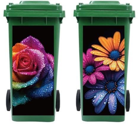 Peacoblue Wheelie Bin Stickers 2 Sheets Colorful Roses and Gerbera Sticky Dustbin Stickers, 15in x 32in Waterproof Self Adhesive Large Decal for Bins, Driveway, Garden, Outdoor, Indoor Decoration