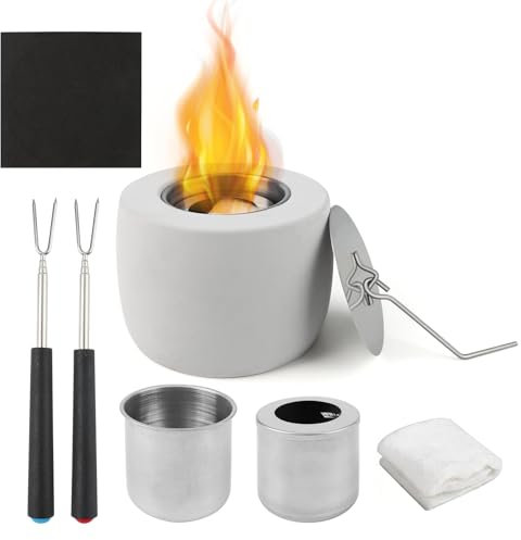 Tischkamin,Bioethanol Tischkamin mit 2 Grillgabeln,Tischfeuer für Indoor & Outdoor,Bio Ethanol Tischkamin aus massivem Beton bis 1.5H Brenndauer,Moderner Tischfeuer für Party,Abendessen,Balkon