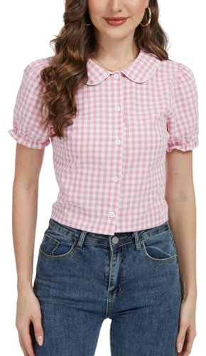 MINTLIMIT Chemisier d'été vichy 2025 pour femme - Haut à carreaux - Manches courtes - Col claudine boutonné, rose, XXL