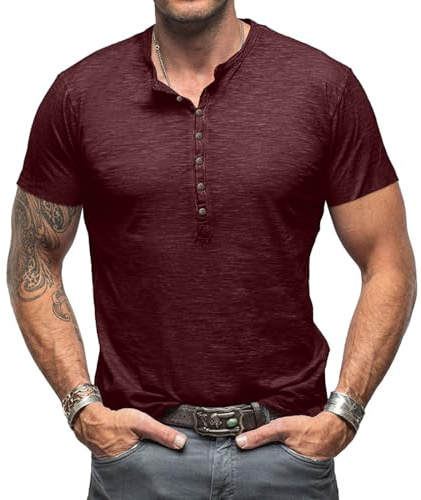 Tee Shirt Homme T-Shirts Manches Courtes Casual Col V Slim Fit Henley Polo Shirt Rose M