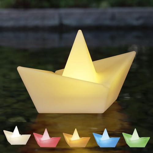 LED Solar Schiffchen im Origami-Stil mit RGBW Licht, wasserdicht, stylische Solarlampe für außen, für Garten, Beet, Teich, Pool (S - ca. 24,5 x 14 cm)