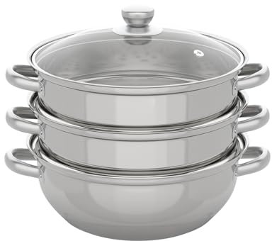 Cuiseur vapeur à 3 niveaux en acier inoxydable, 28 cm, avec couvercle en verre et poignées, convient pour l'induction, pour légumes, poissons, viandes