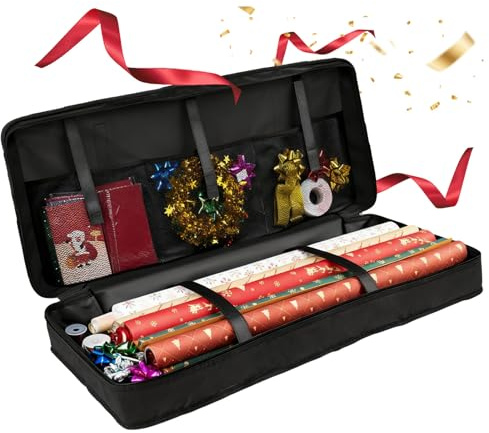 Zuxbolf Organizer Carta Regalo in Tessuto Oxford 600D,Borsa per Carta Regali Rotolo con Cerniera e Manici 82 x 12 x 34 cm,Custodia per Pacchetti Regalo con Scomparti per Rotoli e Nastri