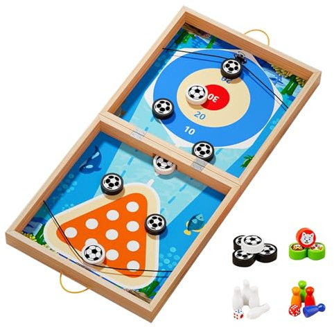 Qoukonao Familien Brettspiele | Tisch Eishockey Spiel - Lernspielzeug 7-in-1 Luftikus Holzspiel für Kindergarten Vorschule Familie Pädagogen Mädchen Kinder
