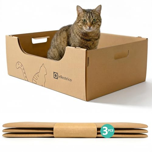 IRRESTRICO Jumbo Einweg-Katzentoiletten XL 3er Pack, Faltbare Papptoilette Wasserdicht Tragbar für Reisen, recycelbar 52.1 cm x 43.2 cm x 18.0 cm